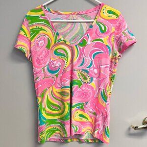EUC LILLY PULITZER MICHELE TOP ALL NIGHTER V-NECK PINK YELLOW GREEN TOP SZ M